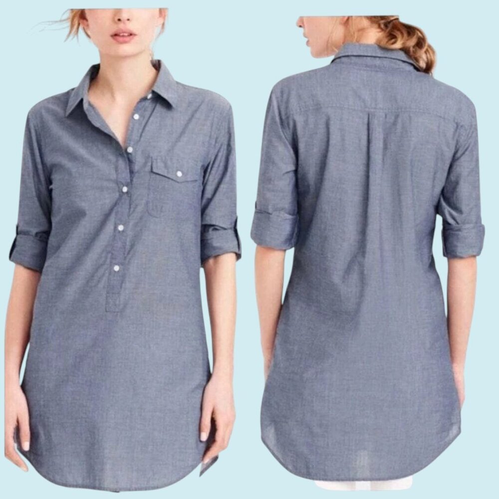 J Crew Factory Top Women's Small Blue Chambray Popover Lightweight Tunic Pocket